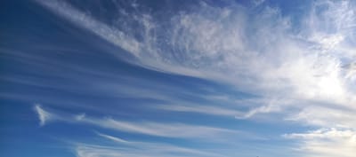This is a wide-angle, low-angle photograph of a bright blue sky filled with wispy white cirrus clouds. The clouds are spread across the frame, with denser formations in the upper right and thinner, more dispersed streaks stretching towards the lower left. Some of the clouds have a feathery appearance, while others are more elongated and streaky, suggesting wind movement. The overall impression is one of a clear, sunny day with high-altitude clouds. The lighting suggests it could be late afternoon or early morning, given the bright but not harsh sunlight. There are no visible people, objects, or text in the image. The setting is an open sky, likely observed from a ground-level perspective in a rural or natural environment, given the location context provided as Мерчалово Снт, Russia, which translates to "Merchalovo Garden Partnership" in Russia, indicating a dacha or countryside area. The mood conveyed is peaceful and expansive, characteristic of observing a beautiful sky.