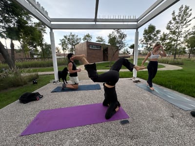 In Tlaxcalancingo, Mexico, beneath a gray, open-air pergola structure, three individuals and a dog are engaged in a yoga session on a textured, light-gray paved area. A woman in black athletic wear is performing a headstand on a purple yoga mat, with her legs extended upwards. To her left, a person wearing black athletic shorts and a black tank top is in a kneeling position on a blue yoga mat, with a black dog standing near them. To the right of the headstander, a woman in a white sports bra and black leggings stands on a gray yoga mat, looking towards her hand which is touching her forehead. The environment includes green grass, trees, and a small brown building with a window in the background. A black backpack rests on the paved surface near the purple mat, and a black water bottle is situated on the grass.