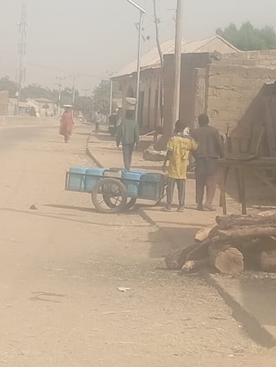 The scene depicts a dusty, unpaved road in Sumaila, Nigeria, under hazy daylight conditions. Four individuals are visible. In the mid-ground on the left, a person in a red garment walks away from the viewer, carrying a light-colored object on their head. Ahead of them, a second individual in a dark green top walks in the same direction, also balancing an object on their head. To the right, a light blue, two-wheeled handcart loaded with several blue containers is stationary on the road. Near the cart, two individuals stand; one wears a yellow t-shirt with a dark number '2' on the back, and the other, an adult male, wears a grey long-sleeved top and light-colored trousers. On the far right foreground, a pile of cut logs rests on the ground beside a raised curb. Buildings constructed of mud brick or block with varying roof types are present along the right side of the road. Utility poles with wires and a solar-powered street light are visible. A tall telecommunication tower stands in the far background on the left.
