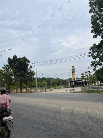 The image captures a scene on a road in Tanahterban, Indonesia. In the foreground, the rear of a motorcycle is visible, with a rider wearing a pink shirt with a black and red patterned design and a dark baseball cap. The motorcycle's license plate reads "BL 6277 UAG" with a date "09-29" below it. The road surface is asphalt and appears to be slightly worn.
Further in the background, on the right side of the image, a mosque with a tall, yellow minaret is prominent. The mosque has white walls and a dark roof. Adjacent to the mosque is an open-air pavilion with a dark roof supported by white posts. A white fence with decorative elements separates the mosque area from the road. Several trees of varying heights are scattered throughout the scene, some with lush green foliage. Power lines stretch across the sky, supported by utility poles, one of which is clearly visible on the left. The sky is overcast with scattered clouds. In the distance, palm trees and other vegetation are visible, suggesting a tropical environment. The overall lighting suggests it is daytime, with muted light due to the cloudy conditions.