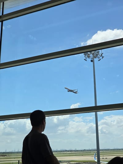 An aerial view from inside an airport terminal captures a man in silhouette looking out a large window at an airplane taking off. The man is positioned in the foreground, facing away from the camera and towards the expansive sky visible through the window. The airplane, a commercial jet with a white body and dark tail fin, is seen ascending into the bright blue sky dotted with fluffy white clouds. In the background, an airport runway stretches into the distance, bordered by green fields and industrial structures. A tall light pole with multiple lights is visible to the right of the airplane, also against the sky. The scene suggests a moment of departure or arrival, with the man observing the powerful ascent of the aircraft against a backdrop of a typical airport environment.
