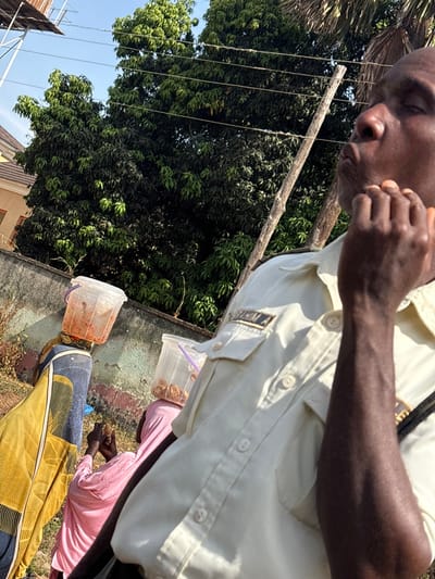 The scene is set in Tataura, Nigeria, under bright daylight. In the foreground, positioned to the right, an adult male with dark skin is visible from the chest upwards. He wears a light-colored, short-sleeved collared shirt with a patch on the right shoulder bearing text resembling "TAWURMA." His lips are pursed, and his right hand is raised towards his chin. In the mid-ground, to the left, two individuals are partially visible. The first, further back, wears a blue garment with a yellow pattern and has a clear plastic bucket, tinged orange-red, balanced on her head. The second individual, closer to the foreground male, wears a pink garment and has a clear plastic bucket containing light brown items balanced on her head. Both buckets have white lids. Behind these individuals is a light grey concrete wall. Beyond the wall, several large green leafy trees are prominent, and a building with a reddish-brown tiled roof is partially visible to the far left. Overhead, a clear blue sky is crisscrossed by several thin wires, and a wooden utility pole stands vertically. The ground appears dry and earthy.