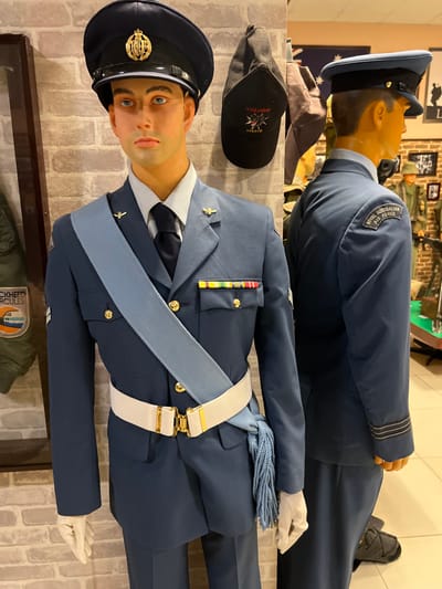 Two mannequins are dressed in blue Royal Air Force uniforms. One stands taller, with a darker blue coat and hat displaying the RAF logo. The second mannequin wears a lighter blue uniform, complete with a dress cord, belt, and pilot wings. A black cap and khaki hat are visible nearby, along with a brick-patterned backdrop and other military-themed items.