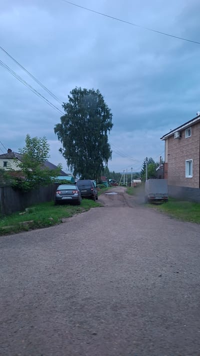 This is a landscape photograph taken in Novoilinsky, Russia, likely in the late afternoon or early evening, judging by the soft, diffused light and overcast sky. The scene depicts a narrow, unpaved road or driveway bordering a grassy area. On the left side of the road, a tall, leafy tree dominates the foreground, its branches reaching towards the sky. Beyond the tree, a residential building with light-colored siding and dark trim is visible, featuring several windows and an air conditioning unit.
Further down the road, two cars are parked side-by-side. The closer car is a dark-colored sedan, and behind it is a darker van. A trailer is attached to the van. Several utility poles with numerous wires stretch across the scene, suggesting the presence of electricity and communication lines. In the distance, more houses and trees are scattered across the landscape, indicating a rural or semi-rural setting. The overall atmosphere is quiet and uneventful, with no people visible. The weather appears to be overcast, with a slight haze or mist visible near the van. The road surface is rough and appears somewhat wet in places, possibly from recent rain. There is some visible text on the license plate of the sedan, but it is too blurry to be legible.