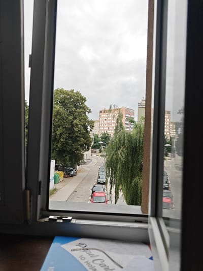 This image, taken from inside a building looking out a window, shows a street scene in Stargard, Poland. The view is framed by the dark grey window frame, with a lighter brown trim on the right side. Outside, the sky is overcast and grey, suggesting it is daytime but not particularly sunny.
The scene depicts a residential street lined with parked cars. Several black cars are parked in a row along the right side of the road, followed by a red car and then more black cars further down. Across the street, there is a sidewalk and buildings. To the left, there are some green and yellow bins, and a large, leafy green tree. Further down the street, several multi-story buildings are visible, some with a pinkish hue and numerous windows. A tall, slender building with a more modern design stands between two of the larger residential buildings. A weeping willow tree with long, drooping branches is prominently featured in the middle ground, obscuring some of the view of the buildings and cars. Streetlights are visible along the road.
In the foreground, on the windowsill or desk below the window, is a piece of paper with text that is partially visible. The visible text includes "Opel Cars" and "10 Holas". The overall impression is a mundane urban view on a cloudy day.