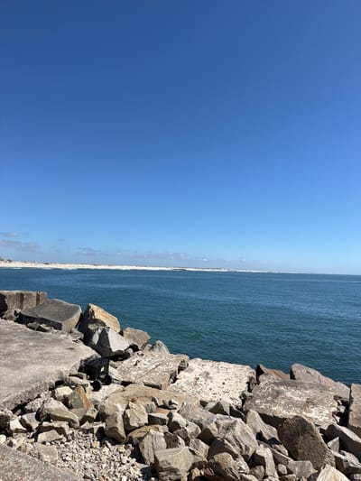 The image depicts a coastal scene in Gafanha da Nazaré, Portugal, with a clear, cloudless blue sky dominating the upper portion of the frame. Below the sky, a vast expanse of deep blue ocean stretches to the horizon. The foreground is characterized by a rugged landscape of large, irregularly shaped rocks and concrete debris, forming a natural barrier along the water's edge. A small, black garden cart with two wheels is visible amongst the rocks, positioned on a flat concrete surface. In the distance, a white sandy beach lines the coast, with hints of buildings and vegetation visible along the shoreline. The overall impression is one of a tranquil, sun-drenched day at the coast.