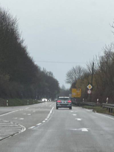 The image displays a two-lane paved road in Kehl, Germany, viewed from within a vehicle traveling forward. The sky is overcast, and the road surface appears wet. A dark-colored SUV with illuminated taillights is directly ahead, moving in the same direction. Further down the road, several other vehicles are visible as distant lights.
Road markings include a solid white line on the right shoulder, a dashed white line separating the two visible lanes, and multiple white forward-pointing arrows painted on the asphalt. The road gently curves to the left in the foreground, delineated by a solid white line.
On the right side of the road, a green verge borders a metal guardrail equipped with white and black reflective posts. Beyond this, a large yellow directional sign, a circular speed limit sign displaying "70" (km/h), and a yellow diamond-shaped priority road sign are present. Both sides of the road are lined with bare deciduous trees, indicating a winter or late autumn season. A power line is visible crossing horizontally in the mid-ground. No individuals are visible in the scene.