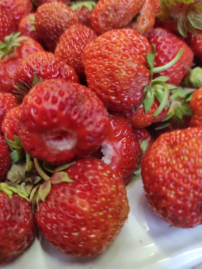 The image shows a close-up, overhead view of a pile of fresh, ripe strawberries on a white surface. The strawberries are a vibrant red color, with visible seeds and green stems. Some of the strawberries show signs of being eaten or imperfect. The lighting is bright, highlighting the texture and detail of the fruit. The background is blurred, suggesting the strawberries are the sole focus of the image. The image was taken in Jablonec nad Nisou, Czechia.