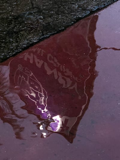 The image captures a close-up, low-angle view of a reddish-purple liquid pooling on an asphalt surface, likely a street or sidewalk. The liquid forms a distinct shape, reflecting a portion of what appears to be a red sign or banner. The reflection shows white lettering, some of which is decipherable, including "ANS" and potentially "SAV" or a similar sequence. There is also a faint outline of a human figure reflected in the liquid, possibly a silhouette or a stylized drawing. A bright purple light source, possibly a streetlamp or flashlight, is visible within the liquid in the lower portion of the image, casting highlights and contributing to the vibrant color. The asphalt surface itself is dark and textured, with some areas appearing wet and reflecting light. The overall impression is that of a scene at dusk or night in Kodagoda, Sri Lanka, with the pooling liquid and reflections creating an abstract and somewhat eerie atmosphere.