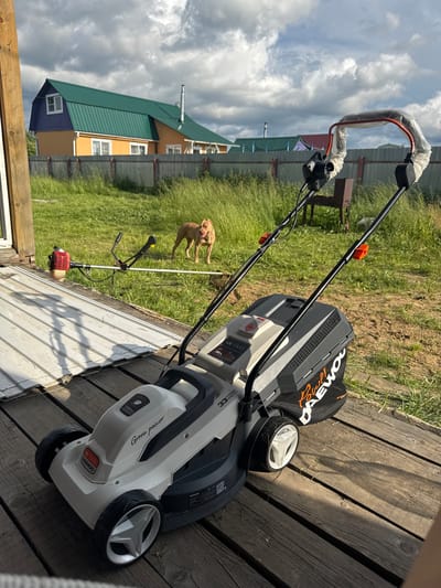 The image shows a white and grey lawnmower with a black grass catcher bag on a wooden deck. The lawnmower has "Green power 1300W" written on its side, along with the brand name "DAEWOO". The grass catcher bag also has "DAEWOO" printed on it in orange lettering. To the left of the lawnmower, a string trimmer with a red engine is visible, lying on a patch of green grass. In the background, a light brown dog is standing in the grass, facing away from the camera. Behind the dog and grass, a yellow house with a green roof and a blue lower section is partially visible. The sky is cloudy and overcast, suggesting it might be daytime with potentially changing weather. The overall scene appears to be outdoors, possibly in a backyard or garden setting in Южное Снт, Russia, with elements of outdoor equipment and a domestic animal. There are no people visible in the image.