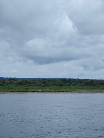 The image depicts a wide river in Zotino, Russia, under a cloudy sky. The foreground is dominated by the calm, blue-grey water of the river, with gentle ripples visible on its surface. In the mid-ground, a strip of green grass and vegetation lines the riverbank, with a dense forest of green trees forming the background. The sky above is overcast with heavy, grey clouds, creating a muted and somber atmosphere. The scene appears to be a natural landscape, devoid of any human presence or structures.