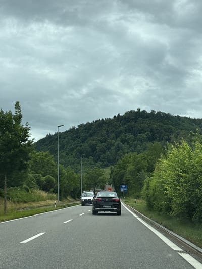 The image depicts a daytime scene from a vehicle traveling on a road, likely a highway or major route, under an overcast sky. The overall impression is one of travel through a hilly, forested landscape.

The upper portion of the frame is dominated by a cloudy, gray sky, indicating an overcast day. To the left, a large, steep hill or mountain covered in dense green trees forms a prominent part of the landscape, extending into the mid-ground. Closer to the road, more lush green vegetation, including bushes and smaller trees, lines the roadside.

The asphalt road, characterized by its dark gray surface and clear white lane markings (a solid line on the right shoulder and dashed lines in the lane), occupies the foreground and extends into the mid-ground. A white concrete barrier with vertical grooves runs along the right edge of the road. Two cars are visible ahead in the same lane. The most prominent is a black SUV, clearly showing its rear. Behind it, a lighter-colored vehicle is partially visible.

Several tall, slender streetlights or utility poles are spaced along the left side of the road, extending towards the distance. In the mid-ground, a blue road sign, typical of Swiss signage, is visible, though its specific text or symbols are too indistinct to read.

The most notable visible text is on the license plate of the black SUV, which clearly reads "GE 243960." The "GE" prefix confirms the vehicle is registered in Geneva, Switzerland, aligning with the provided location context of Switzerland. The scene captures a moment of ordinary travel, with cars moving along a road flanked by natural scenery and infrastructure.