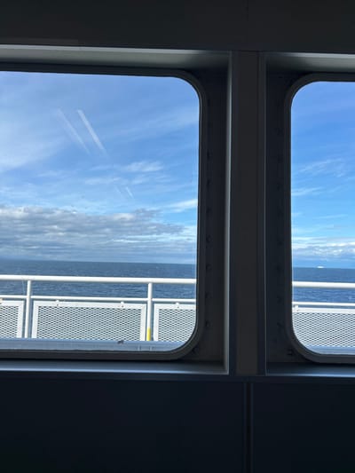 The image displays a marine view through two rounded rectangular windows from inside a vessel, stated to be in the vicinity of Point Roberts, United States. A central, vertical support beam separates the two windows, and a dark gray horizontal ledge runs beneath them, consistent with an interior wall section. The sky, visible through the upper portion of both windows, is predominantly blue with scattered white, wispy clouds and faint, parallel contrails. The lower portion of the view shows dark blue open water, with slight choppiness evident. Directly outside the windows, a white metal railing system with a white mesh barrier is visible, consistent with a ship's deck perimeter. In the far distance on the horizon, slightly to the right in the right window, a small, indistinct white object, possibly another vessel or land feature, is present. No individuals, explicit actions, or interactions are depicted.