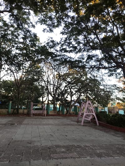 A pink jungle gym stands on a stone-tiled surface, surrounded by leafy trees. A taller section of the jungle gym is positioned toward the top of the frame, while a shorter section rests closer to the bottom. The trees cast shadows on the ground, creating a dappled effect. The surrounding area seems to be a park or recreational space.
