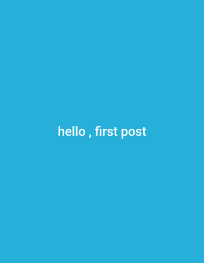 The image depicts a solid blue background with the text "hello, first post" in white. The coordinates (latitude: 26.757, longitude: 80.936) correspond to a location in Lucknow, India, but the image does not contain any information about this location.  No people or objects are present.