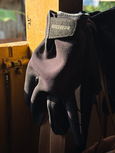 A close-up, low-angle shot focuses on a black and purple tactical glove hanging from a yellow wooden frame. The glove has a velcro patch on the back of the hand with the brand name "EIGER" printed in white letters. The fabric of the glove appears to be textured and durable. Sunlight casts a shadow across the glove, highlighting its contours. In the background, out of focus, is a blurred green plant and a bright sky. The yellow wooden frame is attached to a metal latch. The scene is indoors, likely in a workshop or storage area in Kalirancang, Indonesia, given the presence of the EIGER brand, popular in the region for outdoor and sports gear.