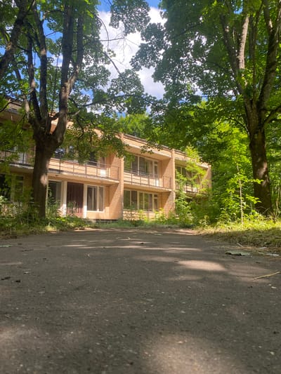 A low-angle shot captures an abandoned two-story brick building, partially obscured by lush green trees and foliage. The building features a beige brick facade with multiple windows and balconies on both levels. A weathered metal railing runs along the balconies. The ground in front of the building is an asphalt path, with dry leaves and grass growing along the edges. Sunlight filters through the dense canopy of trees, casting dappled shadows on the path and the building. The overall scene suggests a neglected, overgrown environment in a wooded area. The location is the former Children's Health Camp "Volna" in the city of Shchelkovo, Russia, which has been abandoned for many years.