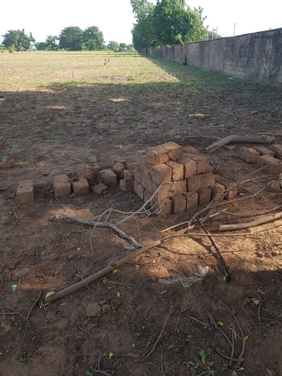 This is an outdoor, eye-level medium shot of a pile of mud bricks and debris on the ground in Palade, Nigeria. The sun is shining brightly, casting shadows on the ground. The overall scene is somewhat desolate, with dry earth and scattered debris. 

In the foreground, a substantial pile of mud bricks is the main subject. Some of the bricks are stacked haphazardly, while others appear to be broken or partially disintegrated. The texture of the mud bricks is rough and uneven. Several dry, broken branches are scattered around and on top of the bricks, adding to the sense of disarray. A few small green plants are pushing up through the soil around the bricks.

To the left of the bricks, a large, weathered concrete wall runs horizontally across the frame. The wall appears to be part of a larger structure, though only a section is visible. Beyond the wall, a lush green tree with dense foliage is visible, suggesting a contrast between the man-made structure and the natural environment.

Further to the left and extending into the background is a grassy field or clearing. The grass is somewhat sparse in places, with patches of bare earth visible. More trees with green foliage are scattered across the landscape. The sky is bright and appears to be clear, indicating a sunny day. 

The ground is composed of dry, reddish-brown earth, with small stones and twigs scattered throughout. There are also pieces of white and blue plastic debris visible on the ground, as well as a crumpled piece of white plastic.

There is no visible text in the image. The overall mood is one of abandonment or neglect, with the natural elements slowly reclaiming the area around the decaying man-made elements.