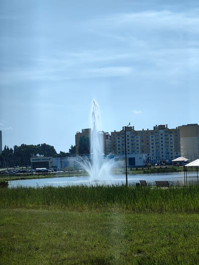 The image depicts a sunny day in Dzyarzhynsk, Belarus, with a large fountain spraying water in a lake. In the background, several multi-story apartment buildings are visible, along with a shopping center labeled "DARIDA MALL." The foreground is dominated by green grass and tall reeds. Two benches are placed near the lake, suggesting a park-like setting. The sky is partly cloudy and blue.