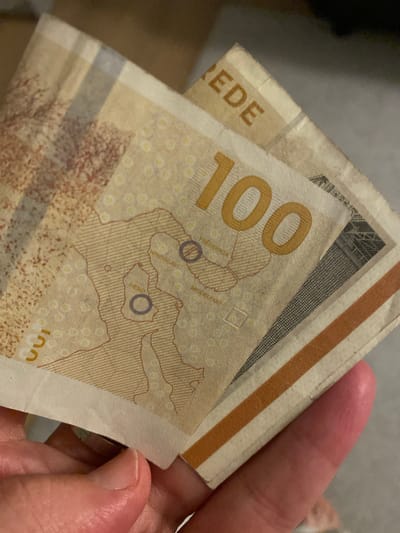 The image shows a hand holding two Danish banknotes. The visible banknote has the number "100" printed prominently on it, along with a map-like design and text including "FREDERICIA", "HINDSGAVL", "FAENO", and "MIDDELFART". The top edge of another banknote is visible, with the word "REDE" printed on it. The banknotes appear to be made of polymer. The context of Herning, Denmark is not visually present in the image.