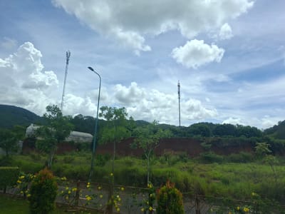 The image depicts a landscape scene in Định An, Vietnam, under a partly cloudy sky. In the foreground, a metal fence runs horizontally, separating a paved surface from a grassy area. Flowering bushes with yellow blossoms are visible along the fence. A tall, dark green hedge is positioned to the left, and a smaller, reddish-green shrub is to the right.

Further back, a paved road is visible, bordered by the fence and the grassy area. The grassy area is lush with various types of vegetation, including tall grass and scattered trees. Behind the grassy field, a steep, reddish-brown embankment rises, topped by a dense line of trees.

In the middle ground, to the left, a large greenhouse-like structure with a white, translucent roof and metal frame is partially obscured by trees. Two cell towers are prominent in the scene. One is located on the left side, a tall lattice structure with antennas. Another, similar tower stands further to the right, also equipped with antennas. A dark lamppost is positioned to the left of the frame. In the background, rolling hills covered in dense green foliage recede into the distance. The overall environment suggests a rural or semi-rural setting, possibly on the outskirts of a populated area.