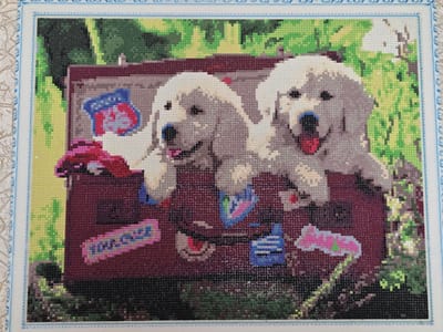 The image is a diamond painting depicting two light-colored puppies sitting inside a dark red suitcase. The background is a blurred depiction of greenery, suggesting an outdoor setting. The puppies are positioned side-by-side, with their heads slightly tilted. The left puppy is looking towards the viewer, while the right puppy is also looking forward. Both puppies have their mouths open, with visible tongues. The suitcase has several colorful stickers and patches on its exterior. One sticker on the left side of the suitcase reads "YOU & ME" in pink and blue letters. Another sticker on the right side is a pink shape with green and blue accents. The diamond painting is framed with a white border and a decorative blue and white patterned edge. There is no indication of the city of Serebriansk, Kazakhstan, in the image or its context.