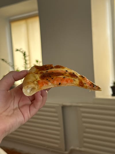 A hand holds a slice of pizza with visible salmon and black sesame seeds. The pizza is triangular and appears to be lightly baked. The background is softly blurred, showing a window with sheer curtains and a hint of a plant. The lighting suggests it is daytime. The location is not discernible from the image.