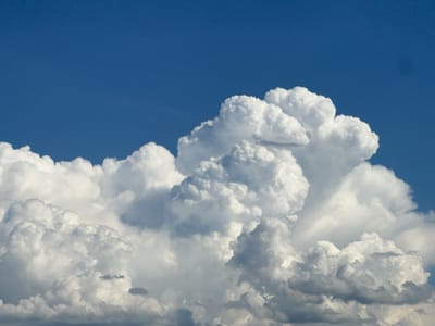 The image depicts a sky filled with a dense accumulation of cumulus clouds against a clear, deep blue sky. The clouds are predominantly white and voluminous, with some exhibiting darker, shadowed undersides suggesting depth and texture. The cloud formation appears to be a significant weather system, potentially indicative of changing conditions. There are no people, structures, or other identifiable objects within the frame. The setting is a natural outdoor environment, specifically the sky above Dolni Bogrov, Bulgaria.