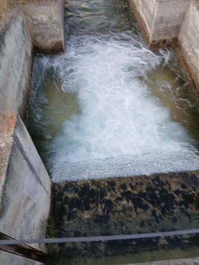The image depicts a close-up, slightly blurred view of a narrow, man-made channel of flowing water. Concrete walls line the sides of the channel, with visible signs of weathering and some plant growth near the top left edge. The water is turbulent, with white foam and eddies indicating movement. A darker, more murky area of water is visible at the bottom of the frame, suggesting a change in depth or substrate. A metal cable or wire runs horizontally across the lower part of the image, partially obscuring the view of the water and the channel's bottom. The scene is outdoors, likely in a rural or semi-urban setting, given the concrete construction and natural water flow. There are no people or animals visible in the image. The location in Senyera, Spain, is not explicitly indicated by any visible landmarks or text within the image itself.