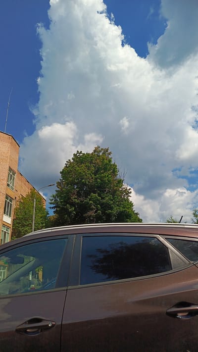 This is a vertical, eye-level shot of a residential street scene in Zvenigorod, Russia, on a partly cloudy day. The foreground is dominated by the side of a dark brown SUV, with its windows tinted. The car's door handle is visible on the right side. Behind the car, a large, mature tree with dense green foliage takes center stage, its branches reaching towards the sky. To the left of the tree, a brick building with multiple windows is visible. A street lamp stands between the building and the tree. The background features a dynamic sky with large, white cumulus clouds against a bright blue backdrop. The overall impression is one of a typical, quiet day in a suburban or urban environment, with nature and man-made structures coexisting. No people or text are visible in the image.