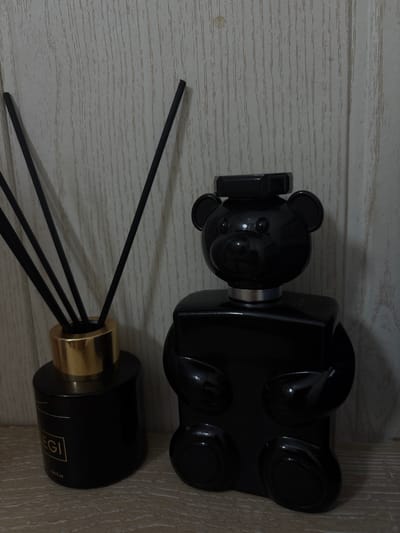 The image, rotated 90 degrees counter-clockwise, displays two black scent diffusers against a light-colored wooden background with horizontal grain.

In the upper part of the rotated image, a glossy black object shaped like a cartoon bear is visible. It features distinct rounded ears, small circular eyes, and a nose. A metallic silver ring is seen where its head connects to the main body, which is also black and has rounded protrusions, possibly depicting paws or a larger body. This object appears to be a car air freshener or vent clip due to a visible rectangular attachment on its side.

Below and to the right of the bear-shaped object, a black cylindrical reed diffuser bottle stands upright. It features a prominent metallic gold-colored cap or collar from which several thin, black reeds emerge, fanning upwards and to the left. The text "EGI" is visible in gold capital letters on the side of the bottle, with "1.69 fl.oz" written below it in smaller, light-colored text, indicating its volume.

The scene is a still life arrangement of these objects on what appears to be an indoor wooden surface, possibly a shelf or table. The lighting is diffused, and no specific time of day or outdoor weather conditions are discernible. No people are present, and no activity is taking place. The items are neatly arranged on the wooden surface in an indoor setting, contextually located in Rameno, Russia.