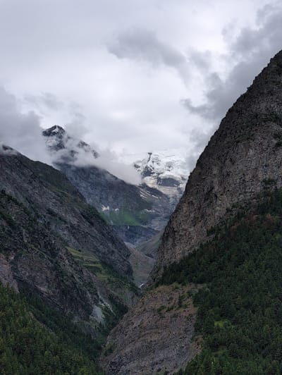This is a vertical, medium-shot photograph of a dramatic mountain landscape in Gondhla, India. The image features a deep valley carved between steep, rocky slopes. The left side of the valley is covered in dense green coniferous trees that thin out higher up the slope. The right side of the valley is a sheer, dark, and rugged rock face, also dotted with some greenery. In the distance, at the head of the valley, a majestic snow-capped mountain peak is visible, partially obscured by heavy, grey clouds. A glacial area and possibly a waterfall can be seen on the far slopes. The overall atmosphere is one of rugged natural beauty and grandeur.