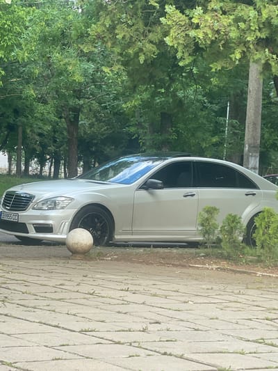 A silver Mercedes-Benz S-Class sedan, identified by the Bulgarian license plate CB 9955 CC, is parked on a paved surface in what appears to be a park-like setting in the city of Yana, Bulgaria. The vehicle features a contrasting black roof and dark-tinted windows, with black multi-spoke wheels. In the immediate foreground, a weathered, spherical concrete bollard rests on the paved ground, which consists of irregularly shaped light gray slabs with weeds and grass growing between the cracks. The background is densely populated with various green trees and foliage, with several visible tree trunks and a slender, light-colored pole among the vegetation. No people, discernible actions, or interactions are visible in the scene.