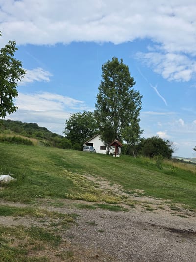 A bright, sunny day is depicted in Dobri Dol, Bulgaria. A small, white house sits on a gentle grassy slope, with a tall, leafy tree standing prominently beside it. A small, wooden shrine with a red roof is nestled in front of the house. A silver car is parked near the house. The background shows rolling green hills and a blue sky dotted with white clouds. The foreground consists of a gravel path leading up to the grassy slope. There are no people visible in the image.