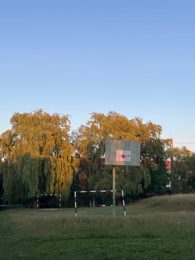 An outdoor basketball hoop and goalposts are visible on a grassy field under a clear blue sky. The basketball backboard is made of weathered wood, and the hoop has a red rim. Two goalposts, marked with black and white stripes, stand in the background. Lush green trees with golden foliage, illuminated by the setting sun, frame the scene. The environment suggests a park or a sports field in Koroviia, Ukraine. There are no people or animals present.