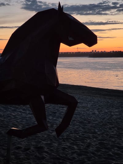 A silhouette of a large, geometric horse sculpture stands on a sandy beach. The sculpture is dark and angular, with its head turned to the right. Behind the sculpture, a wide river reflects the colors of a sunset sky. The sky is a gradient of orange, pink, and gray clouds. In the distance, across the river, a city skyline is visible, with buildings and a tall tower. The image appears to have been taken during the golden hour. The location is the embankment of the city of Zhigulyovsk, Russia.