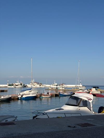 The image depicts a serene harbor scene in Νέα Καλλικράτεια, Greece, under a clear blue sky. Several boats of varying sizes are docked. In the foreground, a white motorboat with a red and white emblem on its cabin is positioned near a concrete pier. Further out, a small sailboat with a blue sail is moored. Behind these, a line of larger vessels, including white fishing boats and a sailboat with a tall mast, are visible. In the distance, a white lighthouse stands on a breakwater, and beyond that, the calm sea stretches to the horizon. The water is a deep blue, reflecting the clear sky. There are no people visible in the image. The overall atmosphere is peaceful and still, indicative of a quiet day in the port.