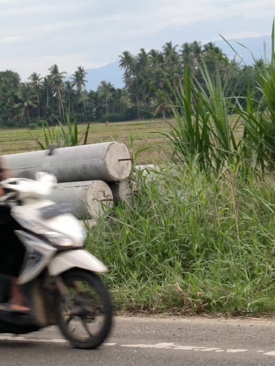 In Kruengseupeng, Indonesia, a blurry white motorcycle with a blurred rider is captured in motion on a paved road. The motorcycle is positioned in the foreground on the left side of the frame, with its front wheel prominently displayed and in motion. To the right of the motorcycle, stacked concrete pipes are visible, some with protruding metal rods. A dense wall of green grass and tall reeds grows behind the pipes, extending into the middle ground. Beyond the vegetation, a field with some discernible furrows is present, suggesting agricultural land. A dense line of palm trees forms a backdrop behind the field. In the distance, a hazy mountain range is visible under a cloudy sky. The overall scene depicts a roadside environment with construction materials and rural landscape elements.