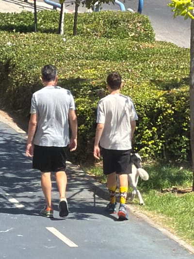 The image depicts two individuals from the back, standing outdoors on a paved pathway next to a grassy area with dense green bushes. Both individuals are wearing light-colored t-shirts and dark shorts. The person in the foreground is closer to the camera, and the person in the background is further away. The person in the background is wearing colorful socks with a pattern of yellow, orange, and black.
The scene appears to be a park or a recreational area, possibly a walking or running path. The lighting suggests it is daytime, with shadows cast on the pathway, indicating a sunny day. The presence of the greenery and the paved path are characteristic of an outdoor urban environment. There is no visible text in the image. The overall atmosphere is casual and active, suggesting the individuals might be exercising or taking a walk. The location is identified as Ashdod, Israel.
