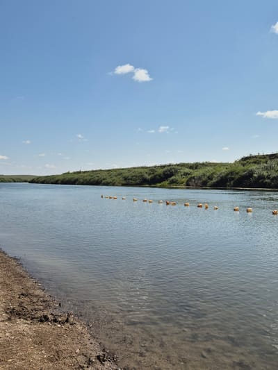The image depicts a tranquil scene of a body of water, likely a river, with a dirt bank on the left foreground. A line of orange buoys stretches across the water towards the right, marking a boundary or perhaps a net. The opposite bank is covered in dense green vegetation, forming a natural embankment that curves into the distance. The sky above is a clear blue with a few scattered white clouds. The water is calm, reflecting the sky and the surrounding greenery, with visible ripples on the surface. The scene is characteristic of an outdoor natural environment in the Новоишим ауылдық округі, Kazakhstan, likely during daylight hours with fair weather conditions. There are no people or animals visible in the image.