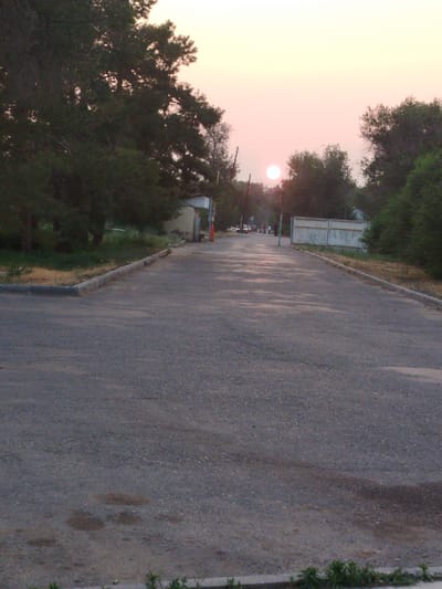The image captures a scenic sunset over a paved road in Kabanbay, Kazakhstan. The sun, a bright orb with a pinkish hue, is low in the sky, casting a warm glow over the landscape. The sky transitions from a pale yellow at the horizon to a soft pink and then a lighter pink towards the top.
On either side of the road are mature trees, with dense foliage in dark green, suggesting a temperate climate. The road itself appears to be an asphalt surface, showing signs of wear and some damp patches, possibly from recent rain or morning dew. The road stretches into the distance, leading towards a slight incline where a small group of people can be seen walking.
Further down the road, to the right, a white fence or wall made of two panels stands, with some greenery growing around its base. To the left, a building with a light-colored facade and a darker roof is visible, along with what appears to be a gate or entrance structure with red and orange poles. There are also some parked vehicles and utility poles along the side of the road in the distance.
The overall mood is peaceful and serene, typical of a sunset. The time of day is clearly evening. There are no discernible text elements in the image. The scene suggests a rural or semi-rural setting, possibly an entrance to a park, a facility, or a residential area.