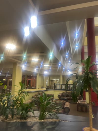 The image depicts an interior space, likely a hotel or lobby area, in Lilongwe, Malawi. The view is directed towards the ceiling, featuring a repetitive lighting design with multiple recessed lights. Architectural elements include columns, support beams, and a high ceiling. The walls are painted in a neutral tone, with red accents on the upper sections of columns. The right side of the image showcases a seating area with decorative plants and lounge furniture. A tall plant, possibly a palm, is in the foreground. No people are visible in the frame.