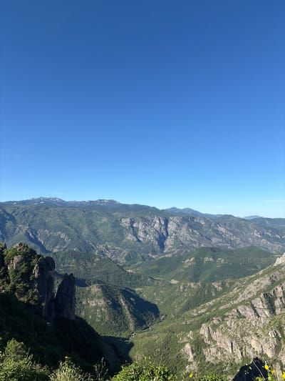 An aerial, wide-angle, static shot showcases a vast mountainous landscape under a clear, bright blue sky. The foreground features a dense, green forest covering the steep slopes of the mountains. Jagged rock formations, partially in shadow, are visible on the left side of the frame. The middle ground presents a deep valley with winding roads and more forested hills. In the distance, a range of majestic mountains stretches across the horizon, with their peaks appearing dusted with snow. The lighting suggests it is daytime, likely late morning or early afternoon, with the sun casting distinct shadows across the terrain. The scene is devoid of any people or man-made structures, emphasizing the natural grandeur of the mountainous region. The location is identified as Kućišta, Montenegro.