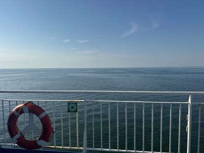 An eye-level, medium shot captures a clear blue sky above a tranquil expanse of calm, deep blue ocean. A white metal railing with vertical bars stretches across the foreground, partially obscuring the water. Hanging from the railing on the left is a bright orange life preserver with white stripes and the text "ROBIN HOOD" and "EMDEN" visible. To the right of the life preserver, a small square green and white sign with a circular symbol is affixed to the railing. The horizon line is sharp and clear. The image provides no indication of any specific city or location in Lithuania.