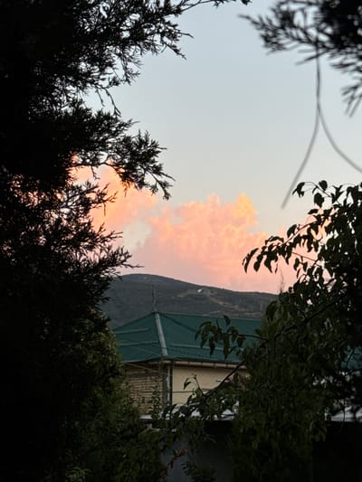 The image is an outdoor shot featuring a cloudy sky illuminated by the warm hues of sunset or sunrise. The foreground is dominated by the dark silhouettes of trees, with their branches and foliage creating a framing effect. Among the trees, particularly on the right side, parts of a building are visible, including a dark green structure that appears to be a roof or awning, and a lighter-colored wall. In the distance, a mountain slope is discernible, partly obscured by the building and the trees. The sky is a soft gradient of light grey near the top, transitioning to pale pink and orange where the clouds are illuminated. The overall mood is peaceful and serene, with the natural beauty of the sky contrasting with the man-made structures. The time of day is clearly indicated by the sunset/sunrise colors in the sky. The image does not contain any visible text.