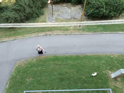 An overhead, eye-level shot captures an elderly woman walking a dog on a leash along a paved pathway bordered by green grass and dense bushes. The woman, dressed in a light-colored t-shirt and a black skirt, is positioned on the pathway, and the dog, small and white, is visible lying on the grass to the right of the pathway, slightly ahead of the woman. The environment appears to be a park or residential area with a concrete slab and poles in the background, suggesting a public space. The scene is outdoors with natural lighting. The general setting appears to be an urban environment, potentially within the city of Košice, Slovakia, given the characteristic trees and the presence of paved walkways and grassy areas common in European city parks.