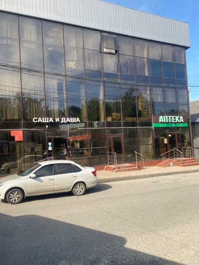 The image depicts a multi-story commercial building on a clear, sunny day in Verkhnevesyoloye, Russia. The building features a dark reflective glass facade across three levels, topped with a light grey corrugated metal section. Curtains are visible behind most windows, and one window on the upper left is open. Numerous power lines or communication cables run horizontally across the building's mid-section.

Two prominent signs are displayed on the first floor: "САША И ДАША" (Sasha and Dasha) in white Cyrillic letters above a recessed double door, one leaf of which is open, leading into a commercial space. To the right, a green and white sign reads "АПТЕКА" (Pharmacy) in Cyrillic letters, positioned above an entrance featuring a red-tiled staircase with metal handrails and an adjacent ramp leading to another set of double doors. A third, similar double door is visible further left on the ground floor. Through the reflective glass, vague interior details such as shelves and stacked boxes are discernible on the upper floors.

A white Lada Granta sedan is parked parallel to the curb on the asphalt street in front of the building. The car appears somewhat dirty along its lower body panels. A dark, distinct shadow from an unseen object extends across the foreground of the asphalt road. The sky above is clear and blue, and reflections of trees are visible in the building's glass facade. No individuals are clearly visible in the immediate vicinity.