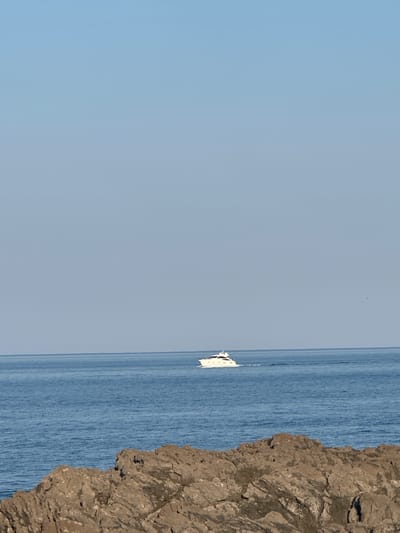 A white motor yacht is cruising on a calm, blue sea. The yacht is white with dark windows and a sleek design. It is leaving a white wake behind it as it moves from left to right across the frame. In the foreground, there are large, rough, brown rocks. The sky above is a clear, pale blue. The scene is likely near the coast, possibly in or around Kubasi, Montenegro, given the rocky shoreline and the presence of the sea. There are no people visible in the image.