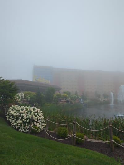 The image shows a foggy view of the Kalahari Resort in Tobyhanna Township, United States of America. A large building with a sign that reads "Kalahari" is partially obscured by the fog. In the foreground, there is a pond with a fountain, surrounded by lush greenery and flowering bushes. A rope fence runs along the edge of the pond. The overall scene is serene and tranquil, with the fog adding a mysterious ambiance.