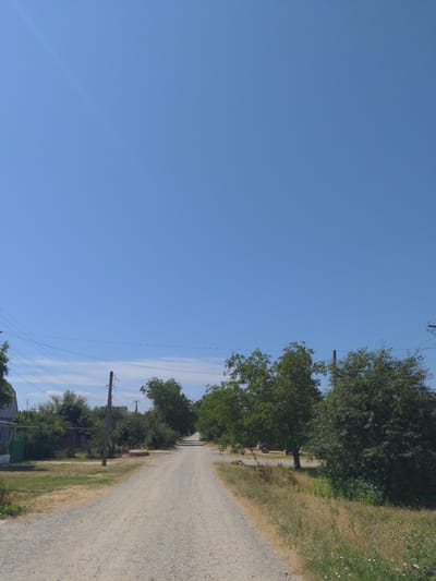 The image depicts a sun-drenched, gravel road winding through a rural area, likely in the city of Ukromne, Ukraine. The sky is a clear, vibrant blue, suggesting fair weather. Trees with dense green foliage line both sides of the road, casting dappled shadows.
On the left side of the road, a small, light-colored house with a green gate is partially visible. Further down the road, more houses and structures are seen nestled among the trees. Power lines stretch across the scene, supported by wooden poles, indicating the presence of infrastructure. The road itself is unpaved and appears to be in good condition, with a light-colored gravel surface.
The environment is dry and warm, with patches of parched grass and wild flowers growing along the roadside. The scene conveys a sense of quiet, rural life, bathed in the strong light of a summer day. No people are present in the image, and no specific actions or interactions are captured.